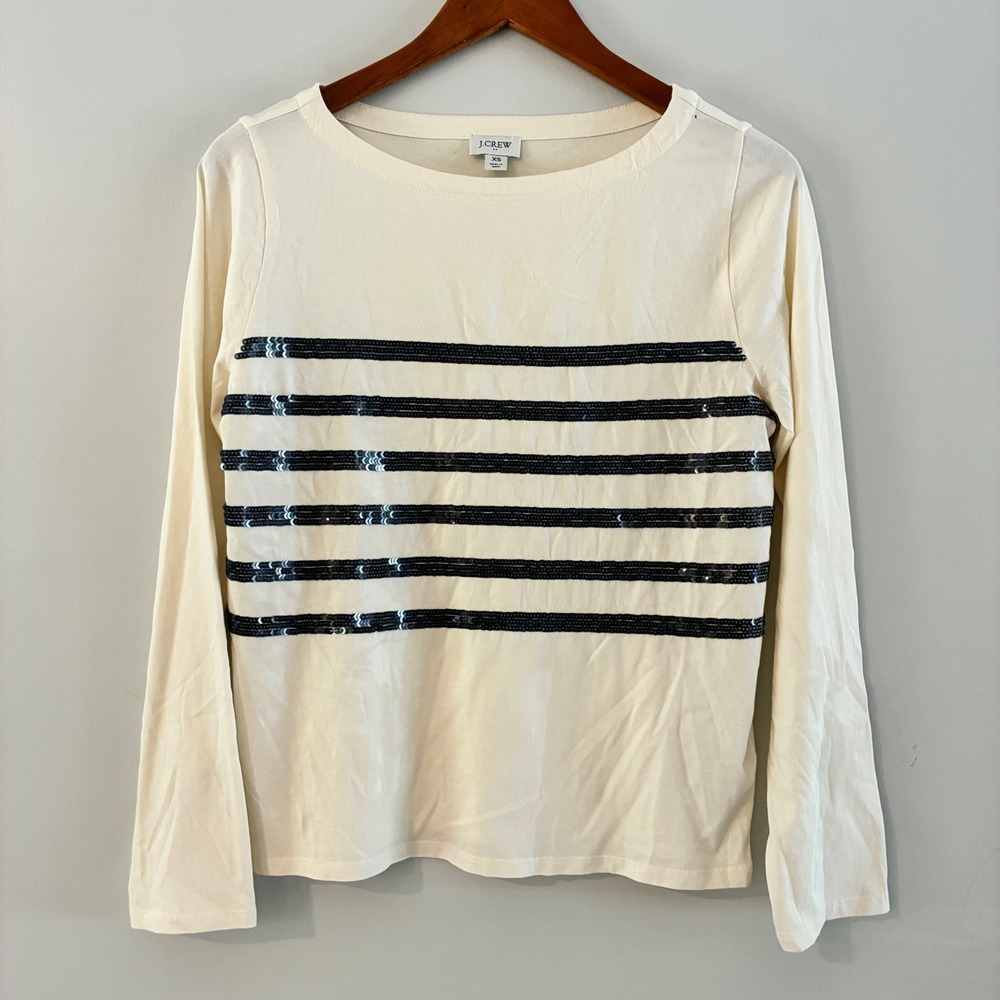 J.Crew T-Shirt XS Ivory Sequin Stripe Boatneck Nautical Preppy Parisian Coastal
